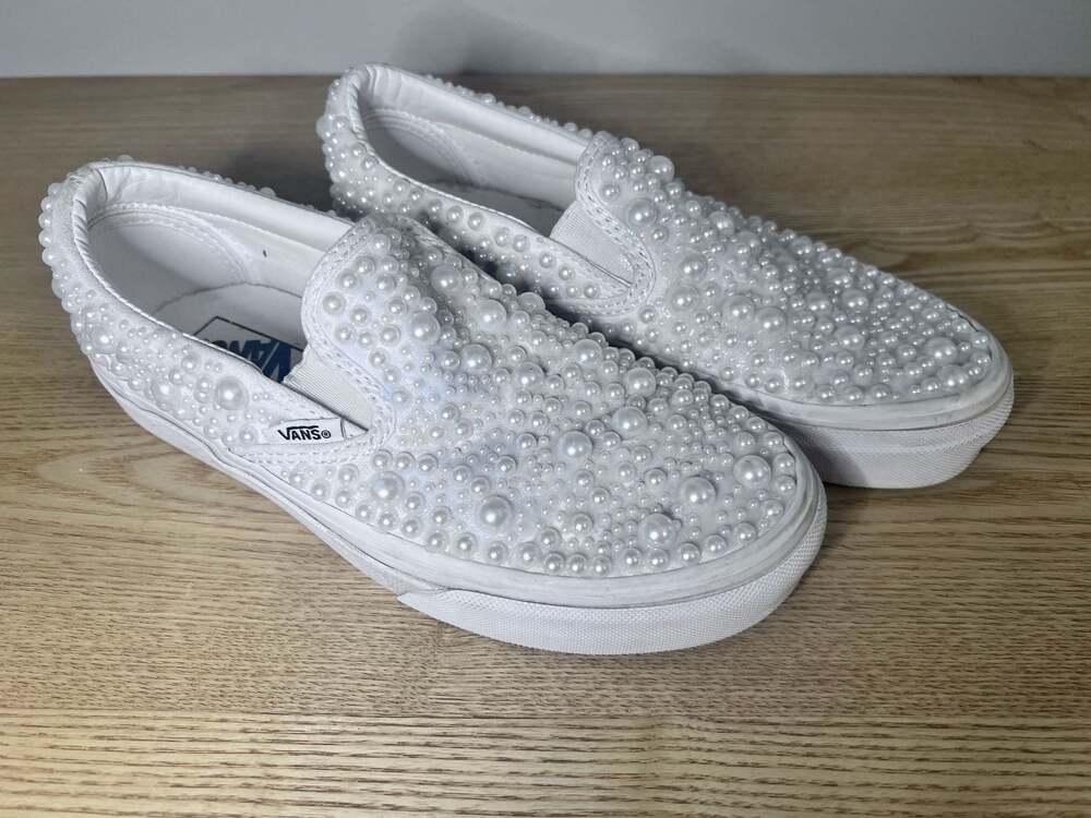 Vans Custom Pearl Embellished Slip-On Sneakers White Women's Size 7 / Men's 5.5